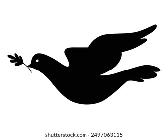 Dove silhouette icon. Black shape of pigeon. Vector flying dove with olive branch on white background