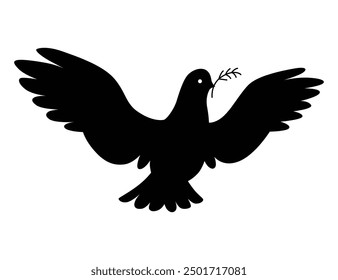 Dove silhouette icon. Black shape of pigeon. Vector flying dove with olive branch on white background