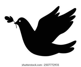 Dove silhouette icon. Black shape of pigeon. Vector flying dove with olive branch on white background