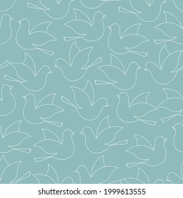 Dove. Silhouette. Pigeon - a symbol of peace. Drawing with white lines. Seamless background. Repeating vector pattern. The bird flaps its wings. Isolated gentle background. Endless ornament. 