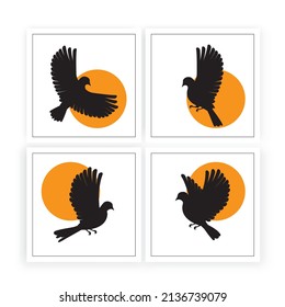 Dove silhouette and sun illustration isolated on white background, vector. Scandinavian minimalist poster design in four pieces. Modern wall art, artwork. Graphic design