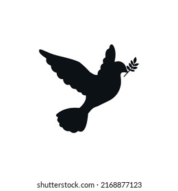 Dove silhouette. Dove symbol of peace. Flying dove holding branch isolated on white background. Vector stock