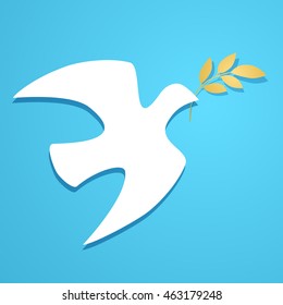 Dove silhouette. White dove, golden olive branch. Blue background. Logo template. Vector illustration.