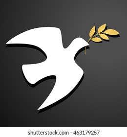 Dove silhouette. White dove, golden olive branch. Black background. Logo template. Vector illustration.