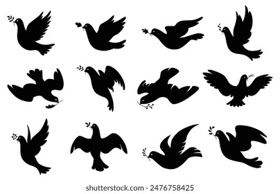 Dove silhouettes icon set. Black shape of pigeons. Vector flying doves with olive branch on white background