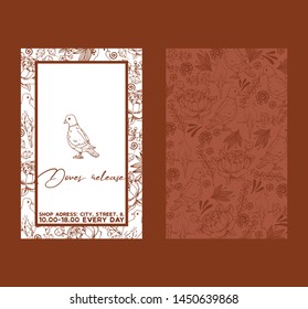 Dove sketch for wedding ceremony celebration party invitation vector template. White pigeon bird two sided illustration with pattern, decorated with flowers, twigs and doves