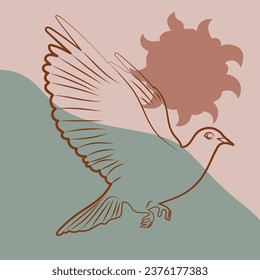 Dove in the sky abstract poster. flying bird on pink and blue background. Sky and sun. Freedom and peace conctept. Vector illustration.