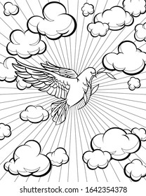 Dove in the sky coloring page. Bible story. Vector illustration.