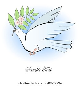 Dove with a sprig of flowers in a blue sky. Vector.