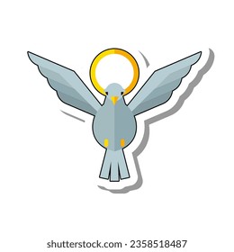 Dove sticker. Bird of peace with spread wings and halo. Luminous ring around head. Mystical religious signs and symbols, objects of cult worship concept.Flat paper sticker isolated on white background