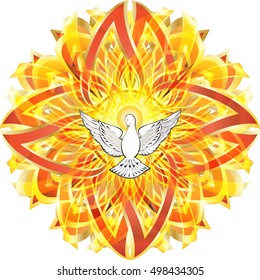 A dove - symbol of the Holy Spirit in celtic style gothic cross in flame, on fire.