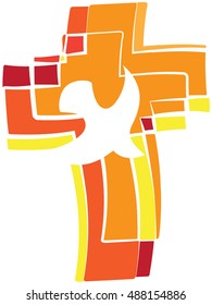 A Dove - Symbol Of The Holy Spirit On A Flaming Cross. Fire Warm Colors Of Pentecost Or Sacrament Of Confirmation. Orange, Yellow And Red Tones.