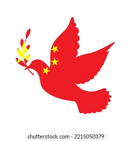 Dove symbol of peace and flag of China. Dove with China flag color. World support for China. Peace symbol isolated. Vector illustration