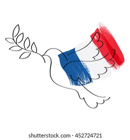 Dove symbol of peace and flag of France vector illustration. World support for France - sorrow grief symbol. Terrorist attack in Nice on July 14, 2016. Paint brush texture.