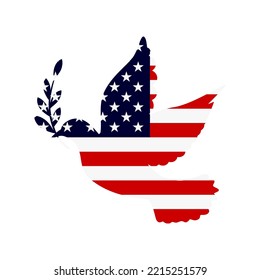 Dove symbol of peace and flag of United States. Dove with United States flag color. World support for United States. Peace symbol isolated. Vector illustration