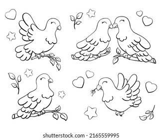 Dove is symbol peace and love. Coloring page for kids. Digital stamp. Cartoon style character. Vector illustration isolated on white background.