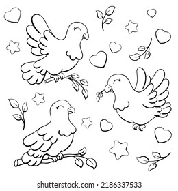 Dove is symbol peace and love. Coloring page for kids. Digital stamp. Cartoon style character. Vector illustration isolated on white background.