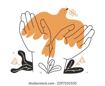 Dove as a symbol of peace - modern line design style illustration on white background. Composition with bird with an olive branch in its beak. Tranquility, unity and peaceful life idea