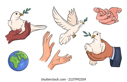 Dove with a twig in its beak. Doves in hand. Let's protect the planet. World peace. Vector set. Drawn by hand.