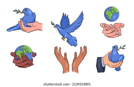 Paloma con una rama en su pico. Palomas en mano. Protejamos el planeta. Paz mundial. Conjunto de vectores. Dibujado a mano.
