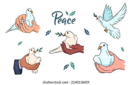 Dove with a twig in its beak. Doves in hand. World peace. Vector set. Hand drawn.