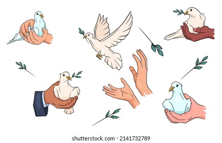 Dove with a twig in its beak. Doves in hand. World peace. Vector set. Hand drawn.