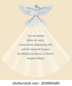 A dove with a twig in its beak with outstretched wings emits a beam of light. Simple vector religious template with text
