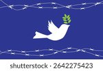 Dove with a Twig Peace Sign Among Barbed Wire Fence. Animals as symbols of prosperity vector art