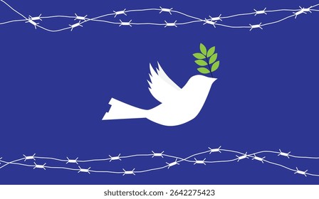 Dove with a Twig Peace Sign Among Barbed Wire Fence. Animals as symbols of prosperity vector art