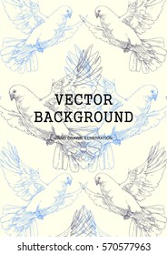 Dove. Vector background with birds. Hand drawn illustration of flying pigeons