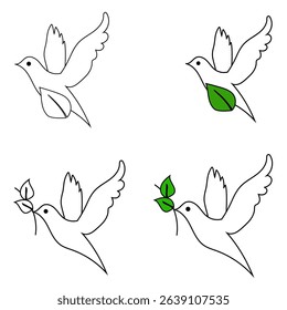Dove vector icon. Peace bird symbol. Green leaf accent. White background design.