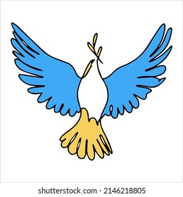 Dove vector illustration in one line style. The bird symbolizes peace and hope. Dove in the colors of the flag of Ukraine. A dove with an olive branch and open wings as a symbol of freedom. No war.
