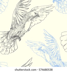 Dove. Vector seamless pattern. Hand drawn illustration of flying birds.Pigeons isolated on white