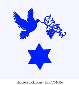 Dove, vine, Star of David - blue on white background - vector. Traditional religious national holiday. Hanukkah.