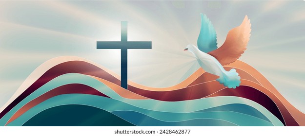 Dove whit christian cross symbol. Crucifix. Easter. Sign of purity. Faith. Baptism. Holy Spirit. Evangelization. Resurrection. Banner copy space