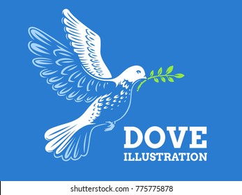 Dove of the world - a pigeon in flight with a twig of a olive branch - logo, emblem, illustration design on a blue background.