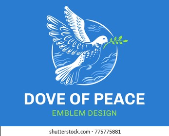 Dove of the world - a pigeon in flight with a twig of a plant in its beak against the background of clouds in a circle - logo, emblem, illustration design on a blue background.