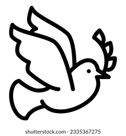 Dove with a wreath branch line icon. Pigeon carries an olive branch outline style pictogram on white background. Easter and bird dove peace for mobile concept and web design. Vector graphics