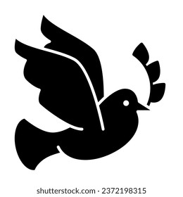 Dove with a wreath branch solid icon. Pigeon carries an olive branch glyph style pictogram on white background. Easter and bird dove peace for mobile concept and web design. Vector graphics