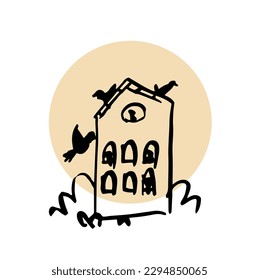 Dovecote full of pigeons. Hand drawn inked strokes style vector illustration.