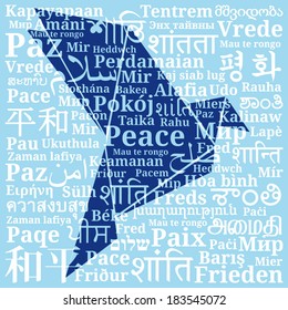 Dove-origami consisting of the phrases "Peace" in different languages of the world (En, Ru, De, Es, Fr, It, Pl, Uk, Nl, Ro, Hu, El, Pt, Cs, Da, Fi, Hr, No, Is, Tr, Ka, Ar, Fa, He, Hi, Th, Zh, Ko, Ja