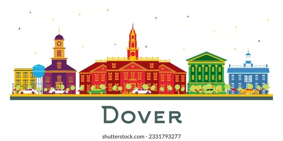 Skyline Dover Delaware City con edificios de color y cielo azul. Ilustración vectorial. Concepto de viajes de negocios y turismo con edificios históricos. Paisaje urbano con monumentos.