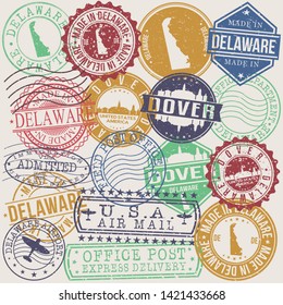 Dover Delaware Set of Stamps. Travel Stamp. Made In Product. Design Seals Old Style Insignia.