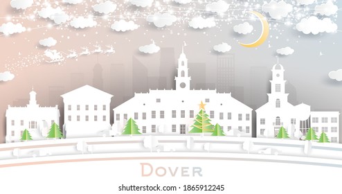 Dover Delaware USA City Skyline in Paper Cut Style with Snowflakes, Moon and Neon Garland. Vector Illustration. Christmas and New Year Concept. Santa Claus on Sleigh.
