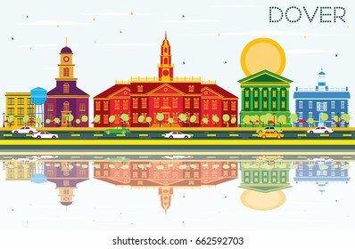 Dover Skyline with Color Buildings, Blue Sky and Reflections. Vector Illustration. Business Travel and Tourism Concept with Historic Buildings. Image for Presentation Banner Placard and Web Site.