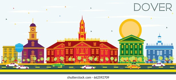 Dover Skyline with Color Buildings and Blue Sky. Vector Illustration. Business Travel and Tourism Concept with Historic Buildings. Image for Presentation Banner Placard and Web Site.