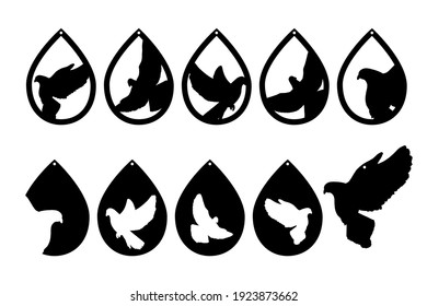 Doves black silhouettes. Earrings cut files templates. Basis graphics on white background