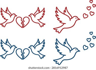 Doves with broken heart and flying hearts vector line art set