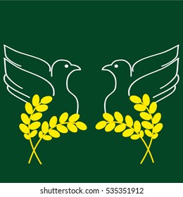 Doves with ears of corns on green background. Vector illustration.