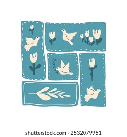 Doves and flowers card. Flying pigeon holding an olive branch and florals square icon. Hand drawn birds collection illustration isolated on rectangle segments.